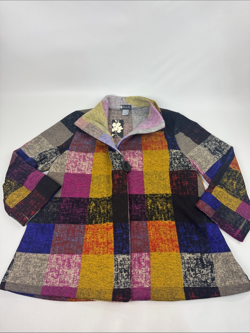 Damee Multicolor block Plaid Button Funnel Jacket Large fleece lined New NWT